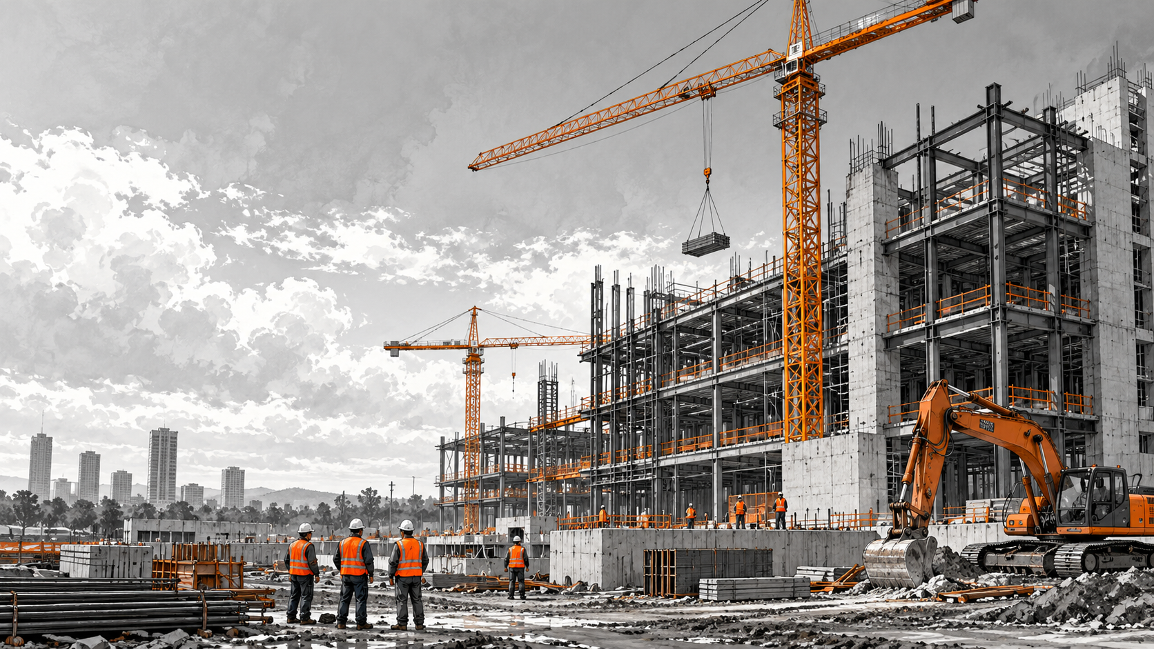 Illustration of a commercial construction site with orange cranes and steel framing